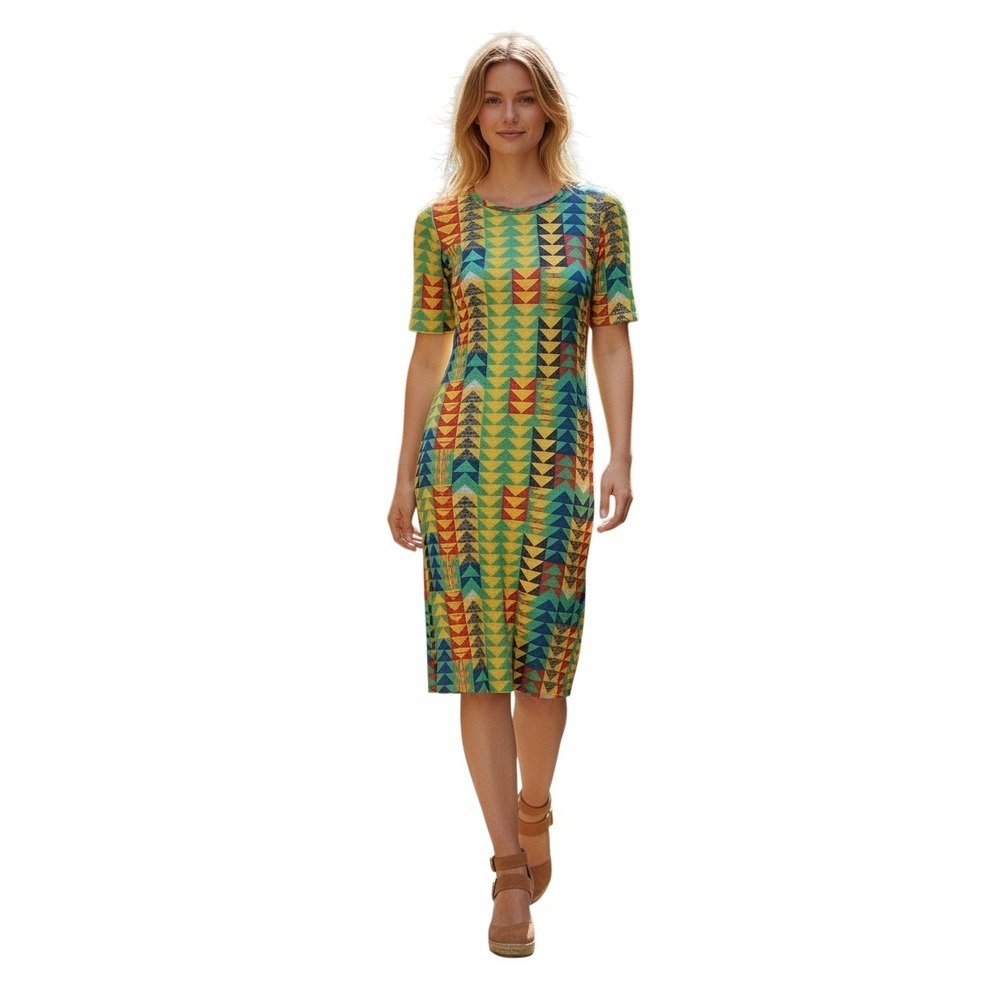 LuLaRoe NWT Julia Dress S Geometric Print Yellow Midi Short Sleeve Bodycon